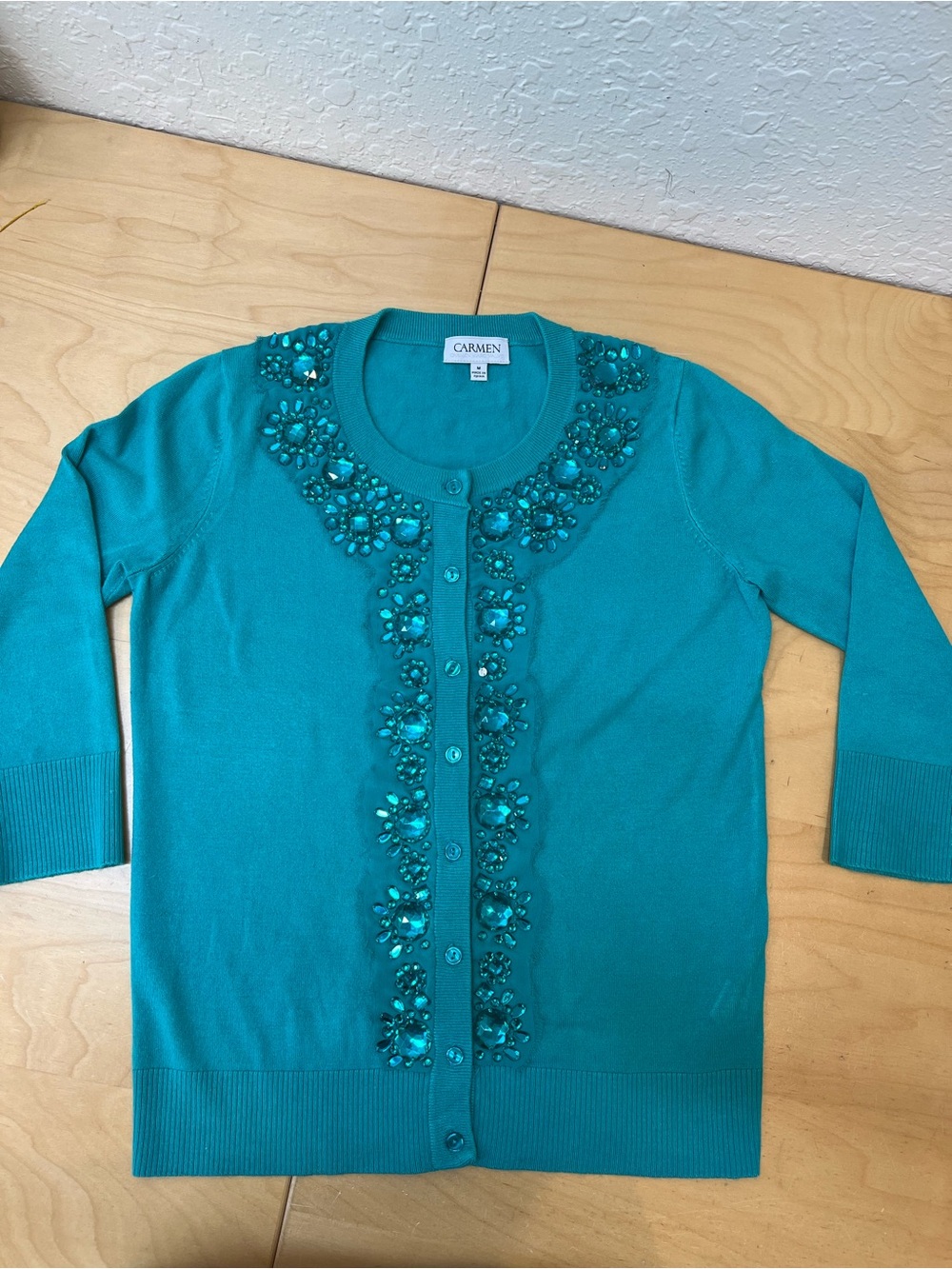 Carmen Teal Jeweled Button-Front Cardigan